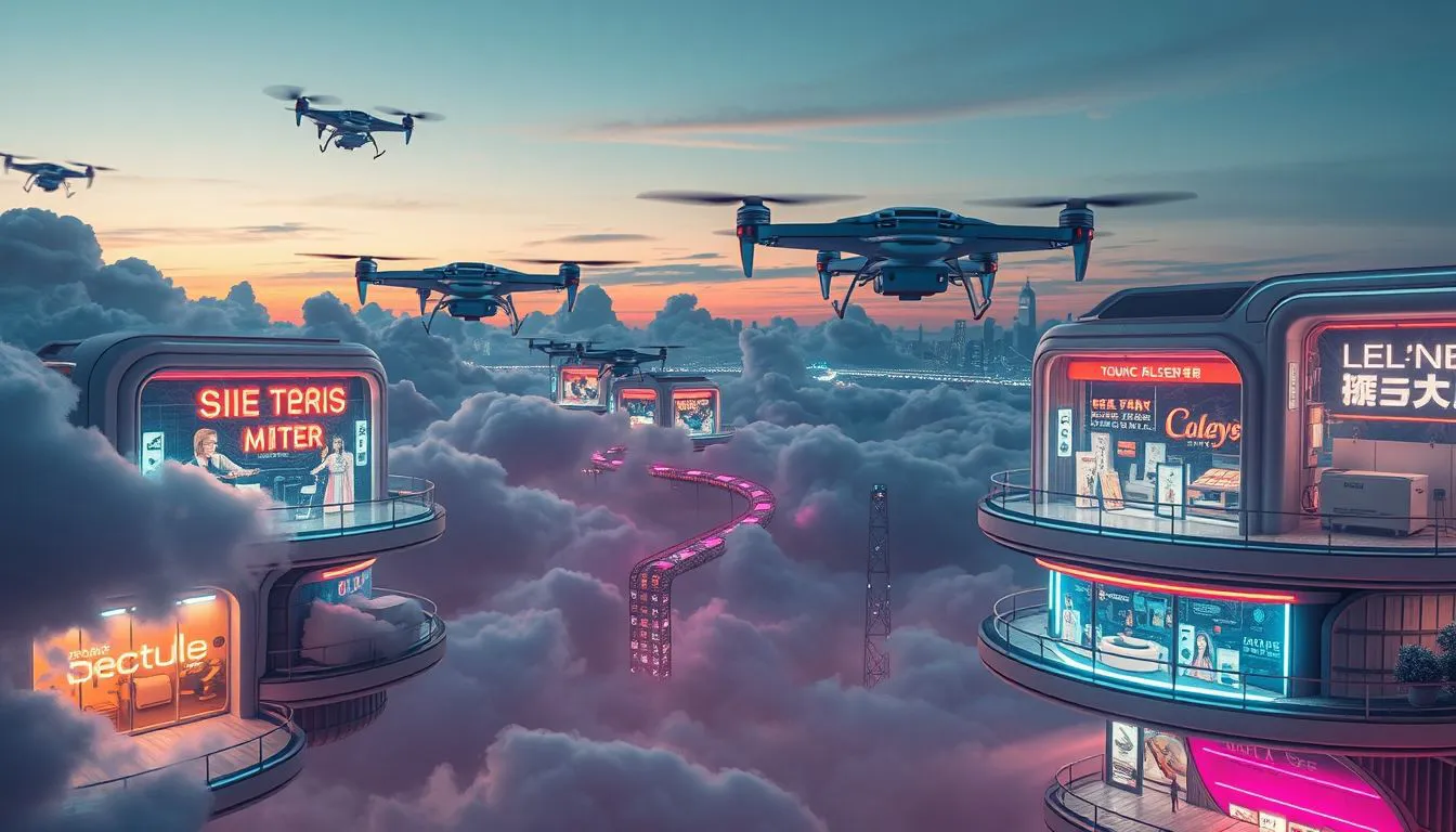A futuristic marketplace floating in the clouds, with neon-lit digital storefronts displaying holographic products, where autonomous delivery drones weave between ethereal shopping platforms, creating a surreal e.jpg