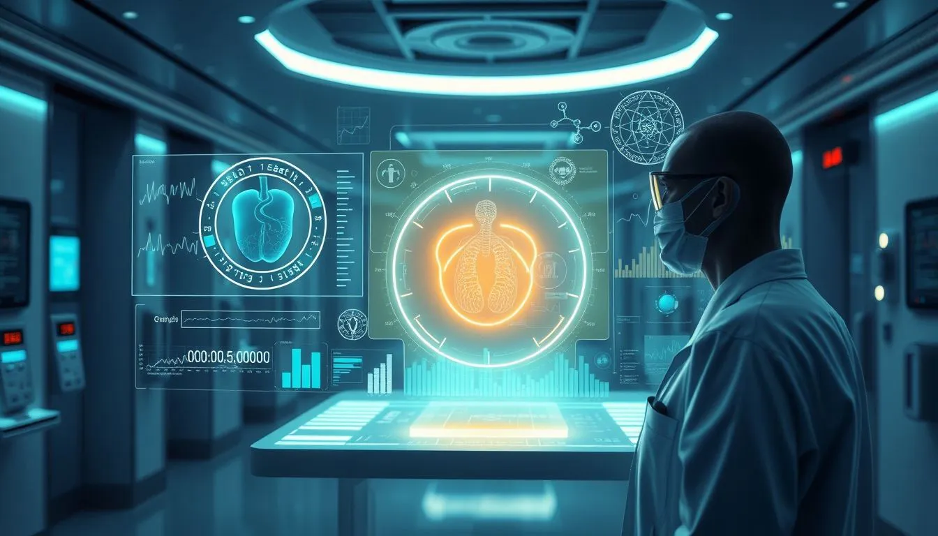 A futuristic AI medical interface glowing with holographic health data, surrounded by floating diagnostic charts and molecular structures, in a sleek high-tech hospital setting with soft blue lighting.jpg