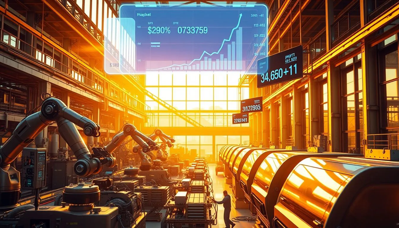 A futuristic factory with glowing robotic arms assembling high-tech products, holographic profit charts floating in the air, golden light streaming through clean industrial windows, ultra-modern machinery with.jpg