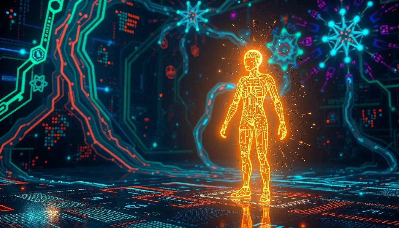 A lone AI entity glowing with intricate circuits, standing in a vast digital landscape of floating data streams and neon fractals, its form constantly evolving and expanding with pulsating energy, surrounded by s.jpg