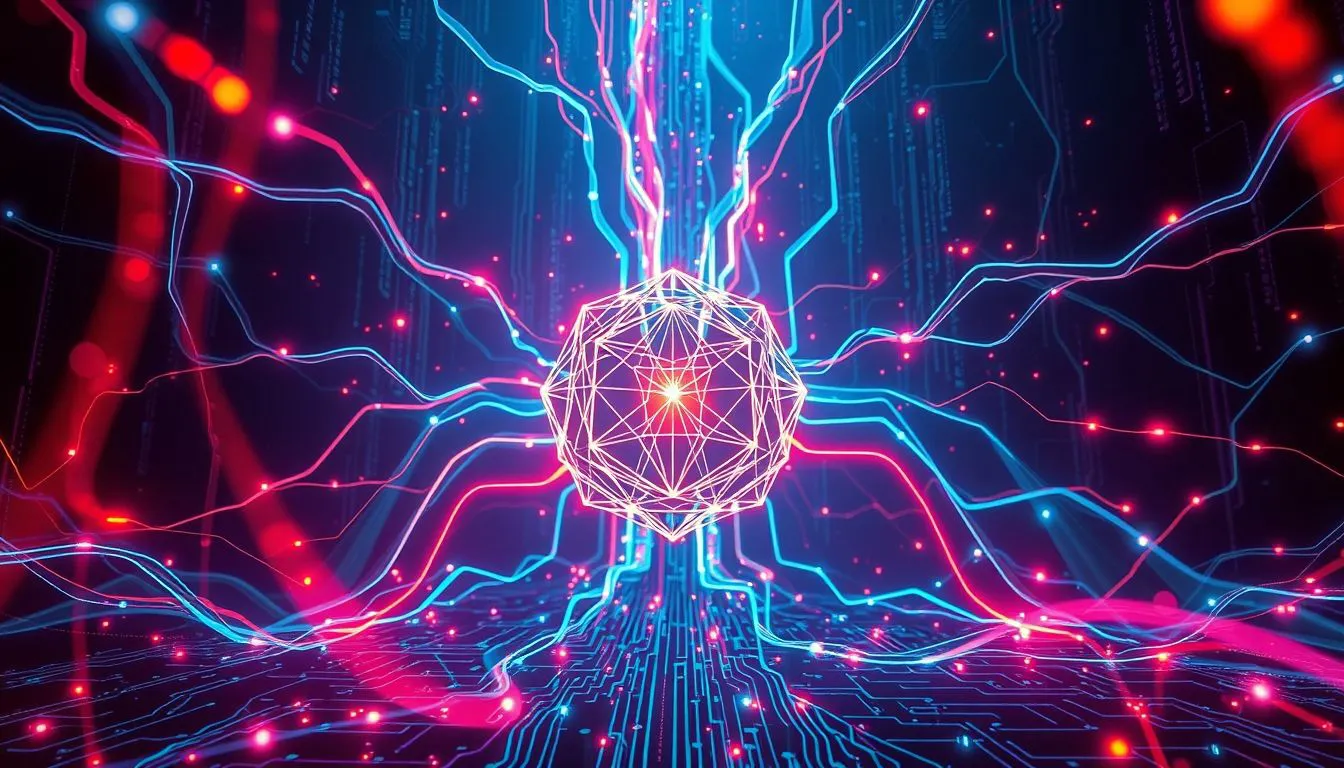 A futuristic AI neural network glowing with vibrant colors, processing streams of visual data like liquid light, with abstract geometric shapes forming and dissolving in its core, representing the breakthrough.jpg